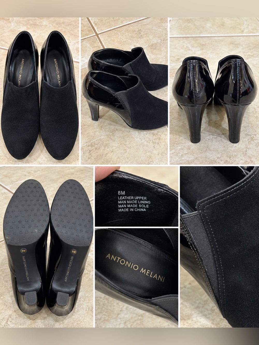 ANTONIO MELANI Black Leather & Suede Ankle Heels